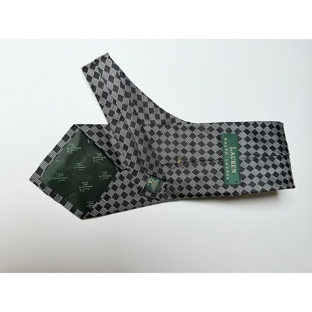 Lauren Ralph‎ Lauren Vintage Silk Tie Gray/Black Geometric Diamond RLL